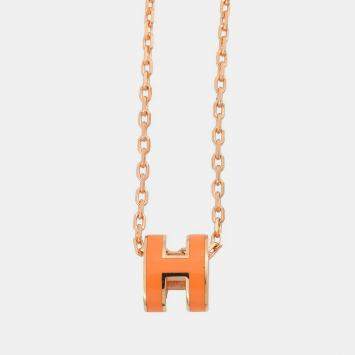 Pre Owned Hermes Pop Ash Necklace Size Mini Orange Gold Plated Lacquer