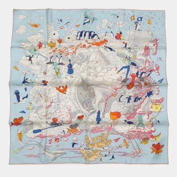 Pre Owned Hermes Carre My Cloud Size 90 Blue Gacier/Grease/Multicolor Silk100%