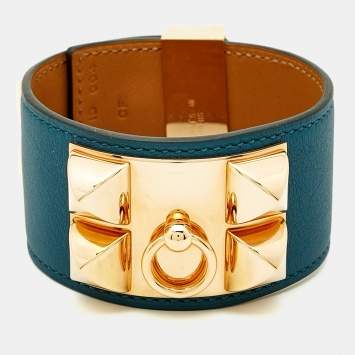 مملوكة مسبقًا سوار هيرمس كوليه دو شين جلد أزرق مطلي بالذهب كبير