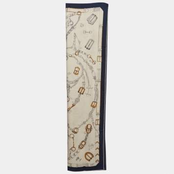 Pre Owned Hermès Naturel/Navy Blue Les Chevaux Dechaine Cashmere & Silk Shawl 140