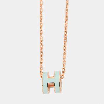 مملوكة مسبقًا Hermes Pop Ash Necklace Size Mini Vertpeppermint Gold Plated Lacquer
