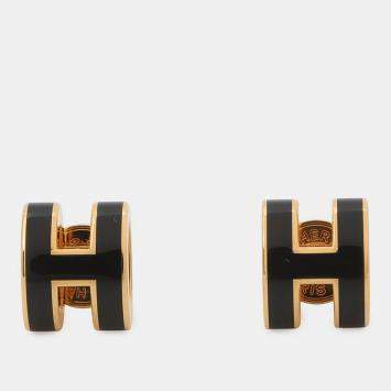 Pre Owned Hermes Pop Ash Earrings Black Gold Plated