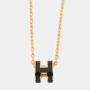 Pre Owned Hermes Pop Ash Necklace Black Gold Plated