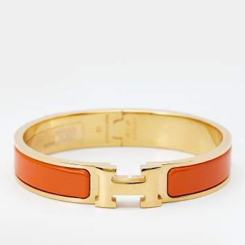 Pre Owned Hermès Clic H Orange Enamel Gold Plated Bracelet