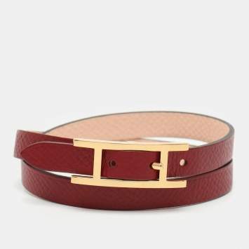 Pre Owned Hermès Behapi Pink/Red Leather Gold Tone Hardware Double Tour Bracelet S
