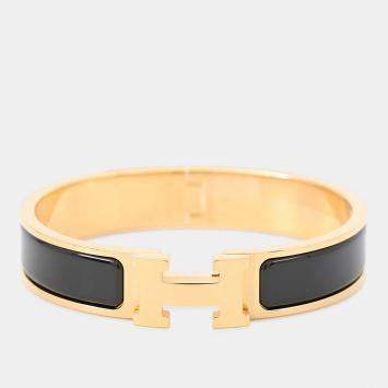 Pre Owned Hermes Clich Bangle Size Pm Black Gold Plated Enamel