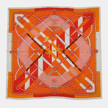 Pre Owned Hermes Giant Square Parcours Sans Faute - A Perfect Course Size 140 Orange/Corail/White Cashmere70% Silk30%