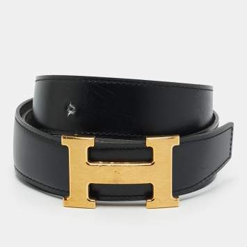 Pre Owned Hermes H Buckle 80CM Buckle Belt Black/Etain Togo and Box Leather