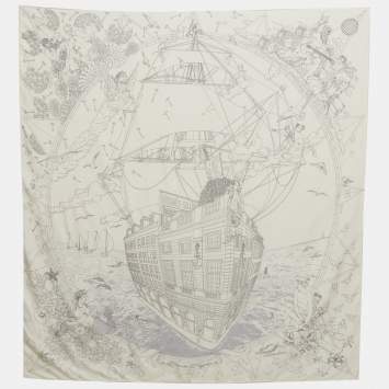 مملوكة مسبقًا Hermès White/Black Flagship 90 Silk Scarf 