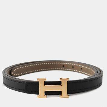 Pre Owned Hermes Belt Buckle Mini H & Reversible Belt 13 Size 85 Black/Etoupe Epsom Swift Leather