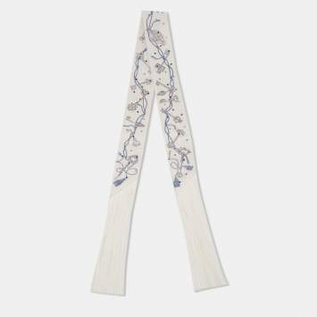Pre Owned Hermes White Les Cles a Pois Silk Leather Fringed Twilly