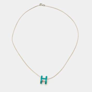 Pre Owned Hermes Pop H Turquoise Blue Sterling Silver Pendant Necklace