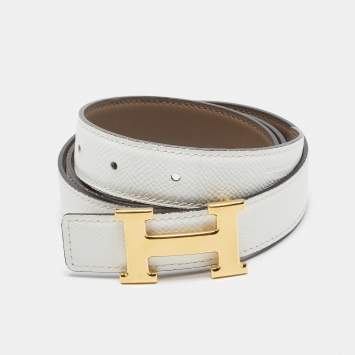 Pre Owned Hermès H 85 CM Reversible Buckle Belt Blanc/Etain Epsom and Swift Leather