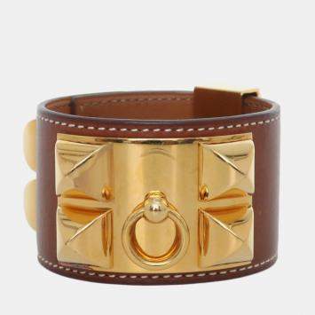 Pre Owned Hermes Collier De Chien Brown Gold Tone Bracelet