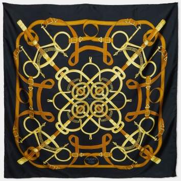 Pre Owned Hermes Vintage Black Eperon d'Or Silk Scarf