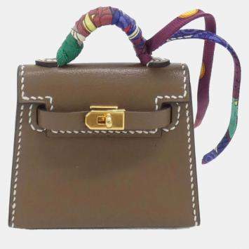 Pre Owned Hermes Kelly Twilly Etoupe Tadelakt Leather Silk Bag Charm