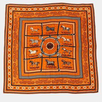 Pre Owned HERMES Giant Square Horsewear/Bandana COUVERTURES ET TENUES DE JOUR BANDANA Size 140 Orange/Black/Blanc Cashmere, Silk