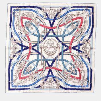 Pre Owned HERMES Carre Legendary Harness Size 90 White/Blue Jean/Bois de Rose Silk