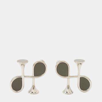 Pre Owned HERMES Col H Earrings Gray Swift Leather Metal