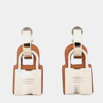 Pre Owned Hermes O'Kelly Earrings Gold Metal Swift Leather