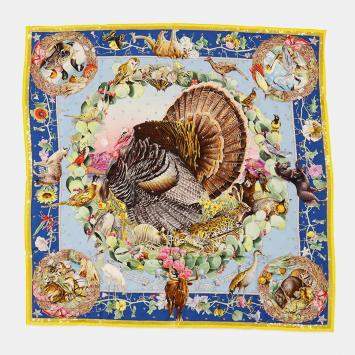 Pre Owned Hermes A Guide to the Flora and Plants of Texas Size 90 Jaune Vif / Blue Azure / Multicolor Silk Beads Scarves 