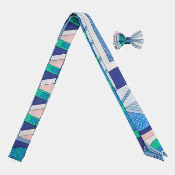 Pre Owned Hermes Twillon with ribbon Blue/Green/White Silk 