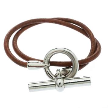 Pre Owned Hermes Glenan Brown Leather Double Wrap Toggle Bracelet