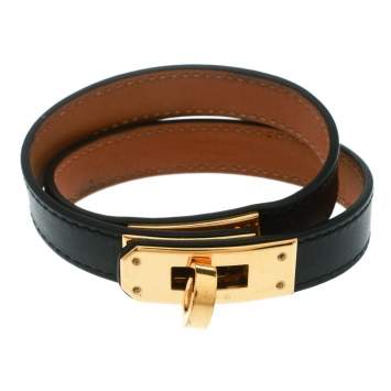 Pre Owned Hermes Kelly Double Tour Black Leather Gold Plated Wrap Bracelet M