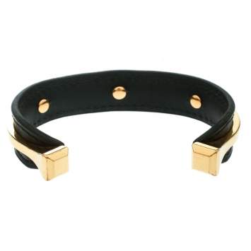 Pre Owned Hermes Black Leather Gold Plated Open Cuff Bracelet