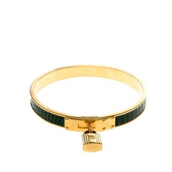 Pre Owned Hermes Kelly Lock Cadena Green Lizard Skin Gold Plated Bangle Bracelet