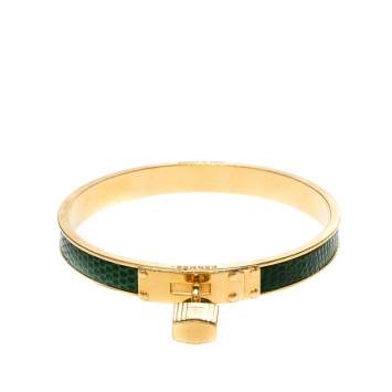 Pre Owned Hermes Kelly Lock Cadena Green Lizard Skin Gold Plated Bangle Bracelet