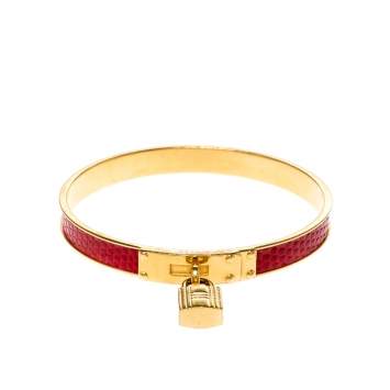 Pre Owned Hermes Kelly Lock Cadena Red Lizard Skin Gold Plated Bangle Bracelet