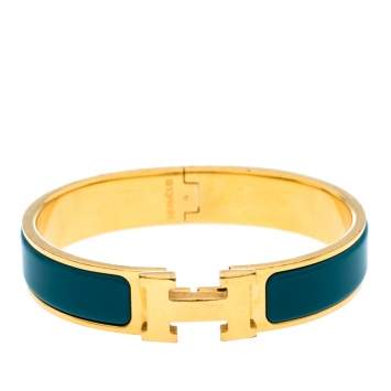 Pre Owned Hermes Clic H Blue Enamel Gold Plated Narrow Bracelet PM