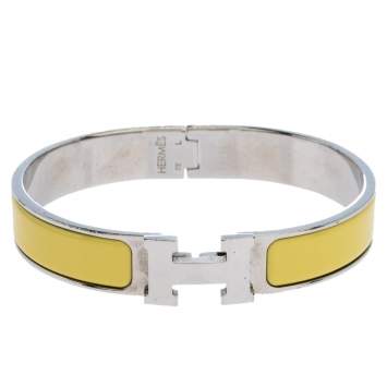 Pre Owned Hermès Clic H Yellow Enamel Palladium Plated Narrow Bracelet GM