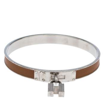 Pre Owned Hermes Kelly H Lock Cadena Charm Brown Leather Palladium Plated Bangle Bracelet