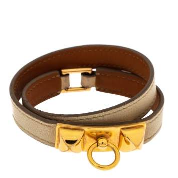Pre Owned Hermès Rivale Double Tour White Leather Gold Plated Bracelet 