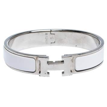 Pre Owned Hermes Clic H White Enamel Palladium Plated Narrow Bracelet PM