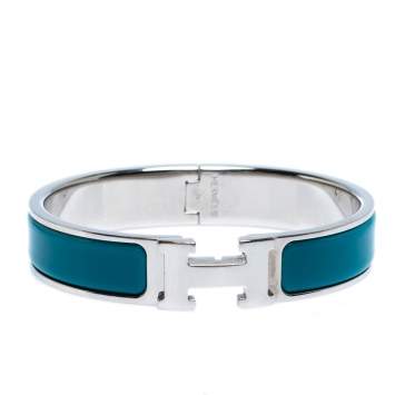 Pre Owned Hermès Clic H Blue Enamel Palladium Plated Narrow Bracelet PM