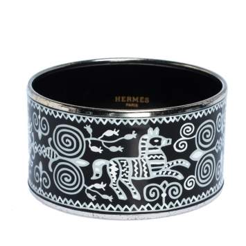 Pre Owned Hermes Black and White Enamel Palladium Plated Extra Wide Bangle Bracelet