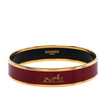 Pre Owned Hermes Caleche Red Enamel Gold Plated Bangle Bracelet