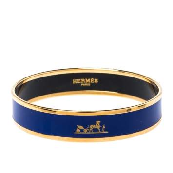 Pre Owned Hermes Caleche Blue Enamel Gold Plated Narrow Bangle Bracelet