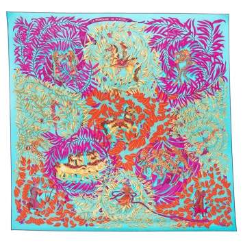 Pre Owned Hermes Turquoise Blue La Promenade de Platon Silk Scarf