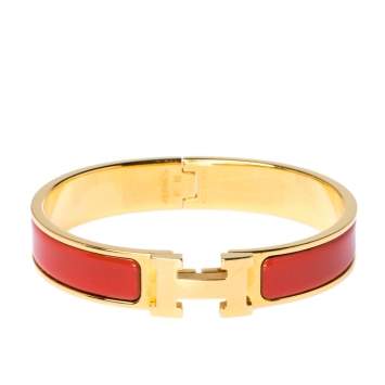 Pre Owned Hermes Clic H Rouge Corail Enamel Gold Plated Narrow Bracelet PM