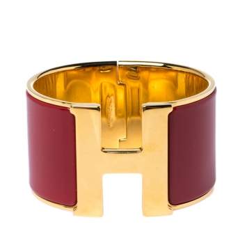 Pre Owned Hermes Clic Clac H Extra Wide Red Enamel Gold Plated Bracelet PM