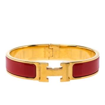 Pre Owned Hermes Clic H Red Enamel Gold Plated Narrow Bracelet PM