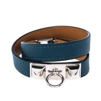 Pre Owned Hermes Rivale Teal Green Leather Double Tour Bracelet XS