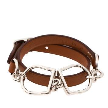 Pre Owned Hermès Brown Leather Etrier Double Tour Bracelet T1