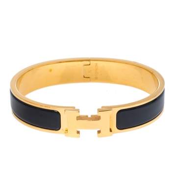 Pre Owned Hermes Clic H Black Enamel Gold Plated Narrow Bracelet GM