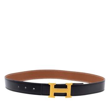 Pre Owned Hermes Black/Brown Leather Constance Reversible Buckle Belt 80CM