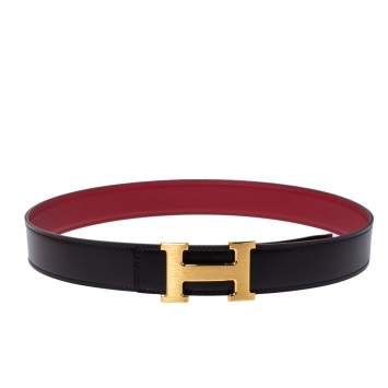 Pre Owned Hermes Black/Rogue Calf Leather Constance Reversible Belt 80CM